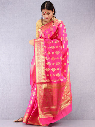 Banarasee Semi Silk Saree With Zari Work - Hot Pink & Gold  - S031704375