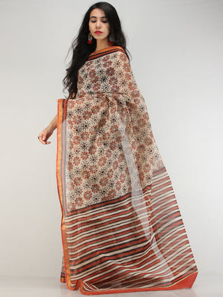 Beige Red Black Hand Block Printed Kota Doria Saree With Zari Border - S031704575