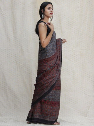 Charcoal Black Indigo Maroon Ajrakh Hand Block Printed Modal Silk Saree - S031704134