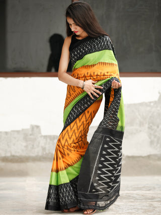 Black Green Orange Ikat Handwoven Cotton Saree - S031704046