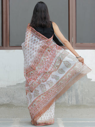 White Rust Green  Hand Block Printed Kota Doria Saree  - S031704092