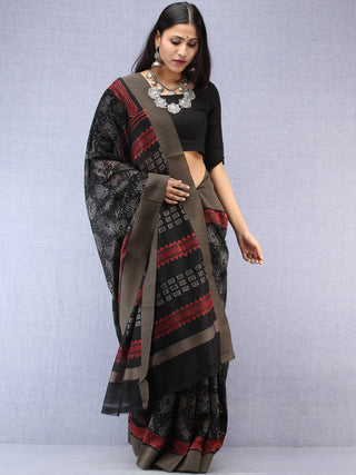 Black Red Hand Block Printed Chanderi Saree With Geecha Border - S031704500