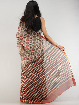 Beige Red Black Hand Block Printed Kota Doria Saree With Zari Border - S031704575
