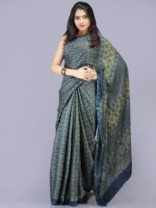 Indigo Olive Green Ajrakh Hand Block Printed Modal Silk Saree - S031704190