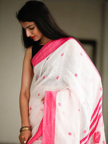 White Pink Handwoven Linen Jamdani Saree With Tassels - S031703793
