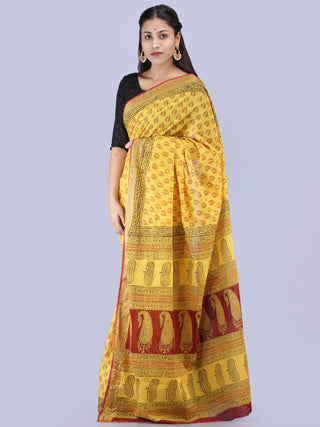 Yellow Maroon Black Bagh Printed Maheshwari Cotton Saree - S031704247