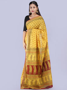 Yellow Maroon Black Bagh Printed Maheshwari Cotton Saree - S031704247