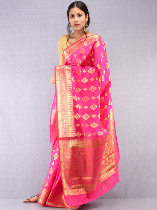 Banarasee Semi Silk Saree With Zari Work - Hot Pink & Gold  - S031704375