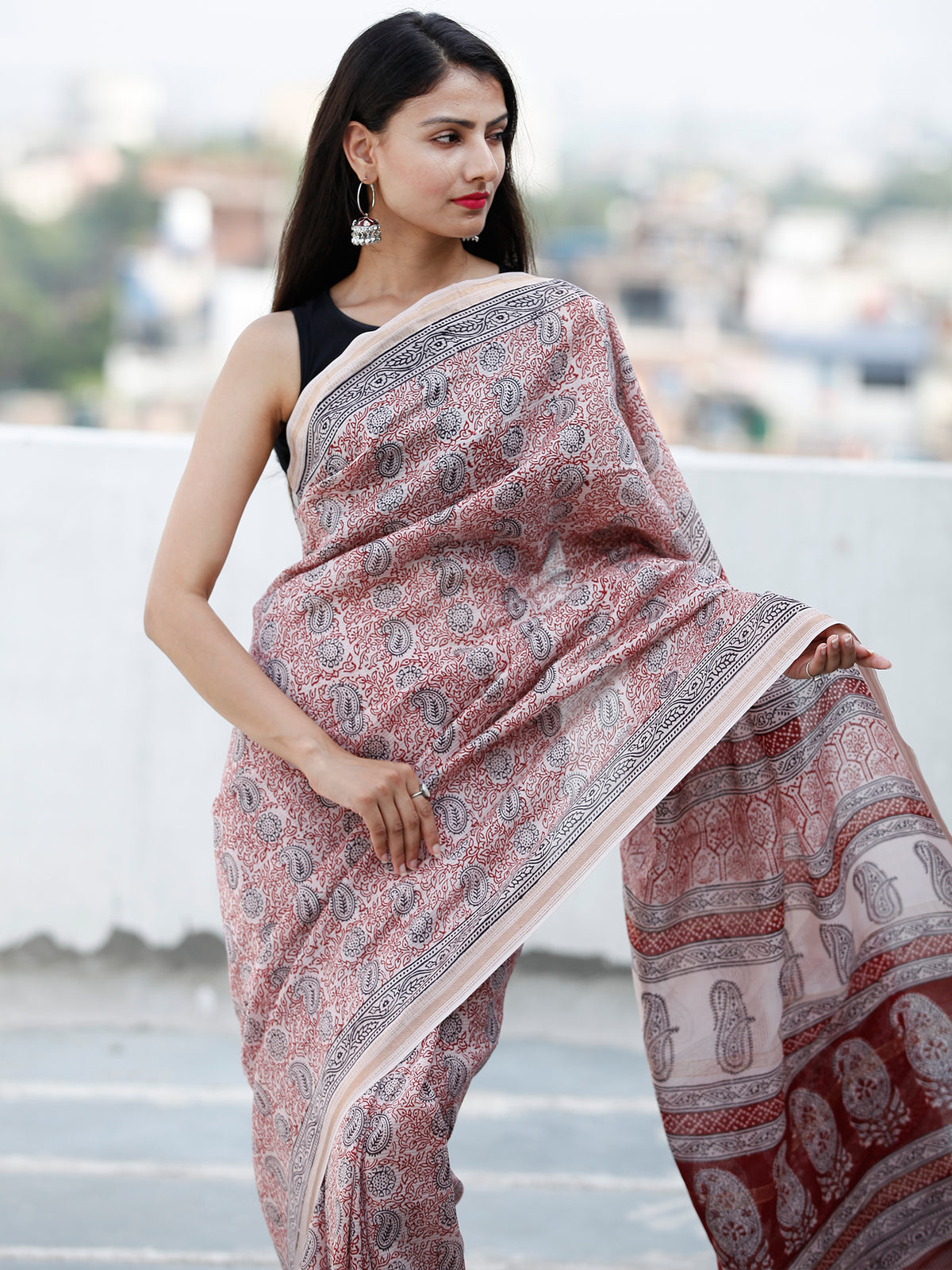Light Beige Maroon Black Bagh Hand Block Printed Maheswari Silk Saree - S031703845