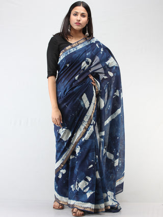 Indigo Ivory Hand Block Printed Maheshwari Silk Saree With Zari Border - S031704475