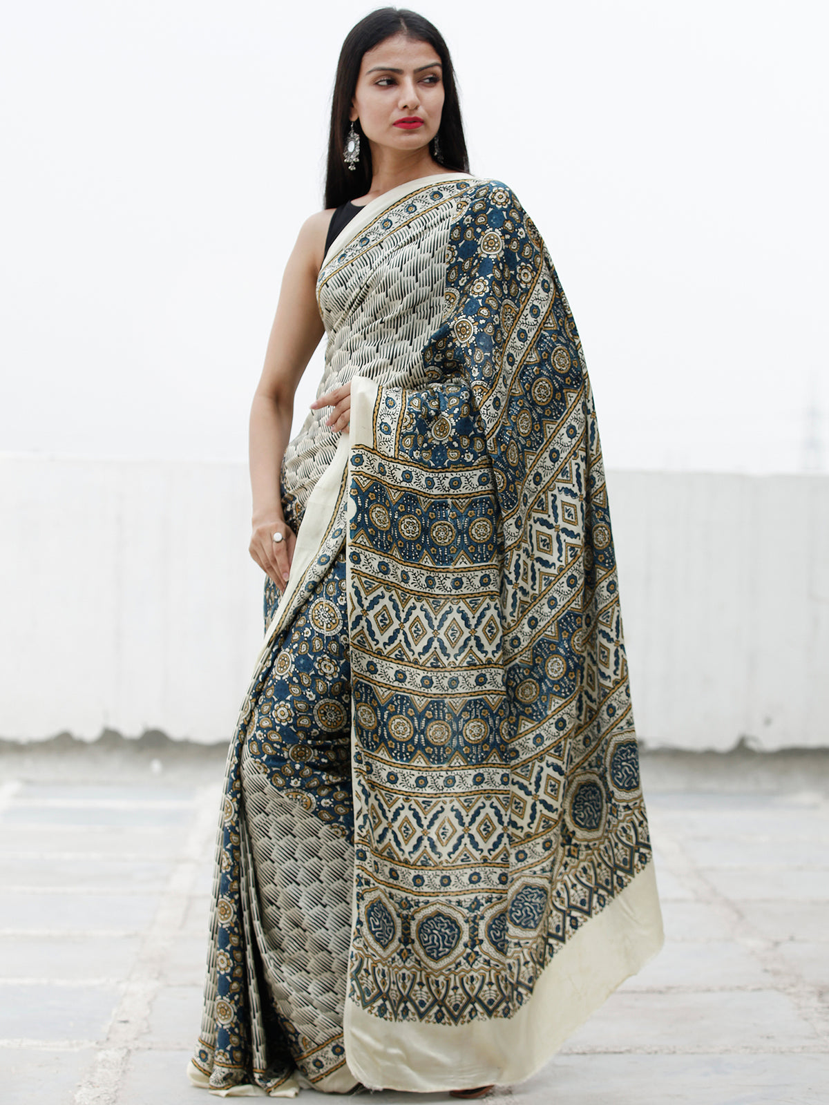 Off White Indigo Peanut Brown Ajrakh Hand Block Printed Modal Silk Saree in Natural Colors - S031703715