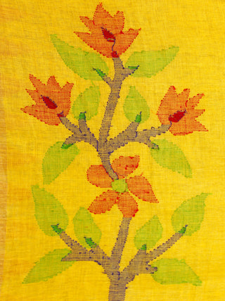 Yellow Red Green Handwoven Linen Jamdani Saree With Temple Border - S031703461