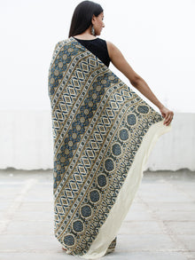 Off White Indigo Peanut Brown Ajrakh Hand Block Printed Modal Silk Saree in Natural Colors - S031703715