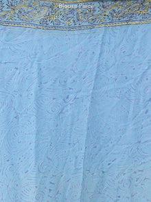 Sky Blue Yellow Hand Block Printed Chiffon Saree with Zari Border - S031703946