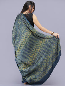 Indigo Olive Green Ajrakh Hand Block Printed Modal Silk Saree - S031704190