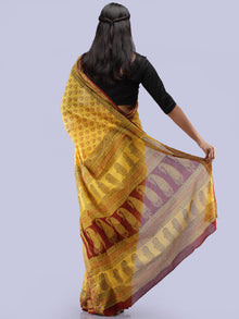 Yellow Maroon Black Bagh Printed Maheshwari Cotton Saree - S031704247