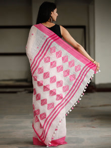 White Pink Handwoven Linen Jamdani Saree With Tassels - S031703793