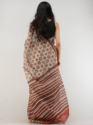Beige Red Black Hand Block Printed Kota Doria Saree With Zari Border - S031704575