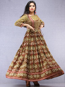 Naaz Kaneez - Hand Block Printed Long Cotton Angrakha Pleated Dress - DS94F001