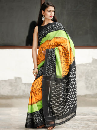 Black Green Orange Ikat Handwoven Cotton Saree - S031704046