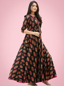 Mahek - Black Pink Block Printed Urave Cut Long Dress With Tie Up Deep Back - D395FXXXX