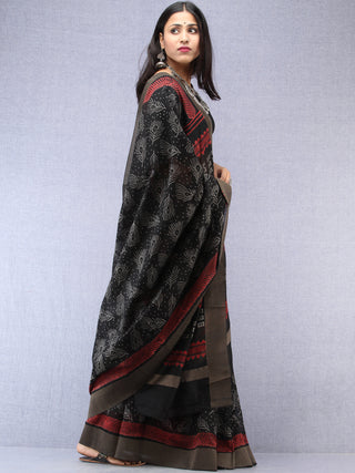 Black Red Hand Block Printed Chanderi Saree With Geecha Border - S031704500