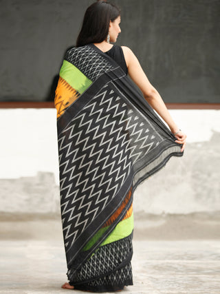 Black Green Orange Ikat Handwoven Cotton Saree - S031704046