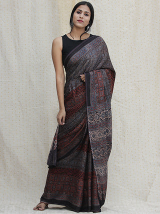 Charcoal Black Indigo Maroon Ajrakh Hand Block Printed Modal Silk Saree - S031704134