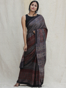 Charcoal Black Indigo Maroon Ajrakh Hand Block Printed Modal Silk Saree - S031704134