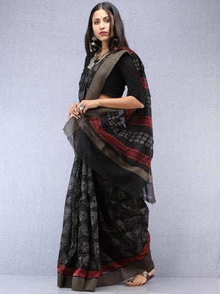 Black Red Hand Block Printed Chanderi Saree With Geecha Border - S031704500
