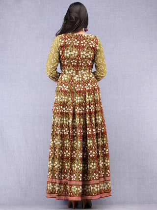 Naaz Kaneez - Hand Block Printed Long Cotton Angrakha Pleated Dress - DS94F001