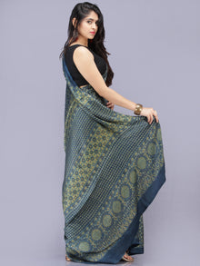 Indigo Olive Green Ajrakh Hand Block Printed Modal Silk Saree - S031704190