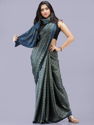 Indigo Olive Green Ajrakh Hand Block Printed Modal Silk Saree - S031704190