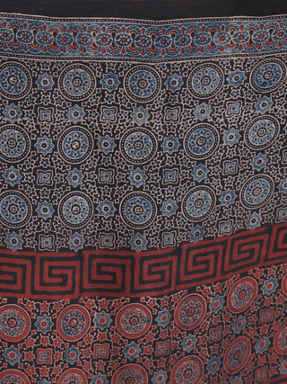 Charcoal Black Indigo Maroon Ajrakh Hand Block Printed Modal Silk Saree - S031704134