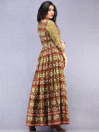 Naaz Kaneez - Hand Block Printed Long Cotton Angrakha Pleated Dress - DS94F001
