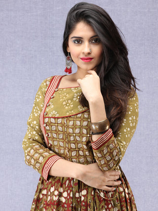 Naaz Kaneez - Hand Block Printed Long Cotton Angrakha Pleated Dress - DS94F001