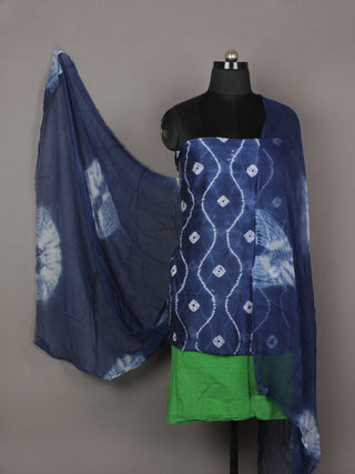 Indigo Ivory Green Hand Shibori Dyed Chanderi Kurta & Chiffon Dupatta With Cotton Salwar Fabric Set of 3- S1628210
