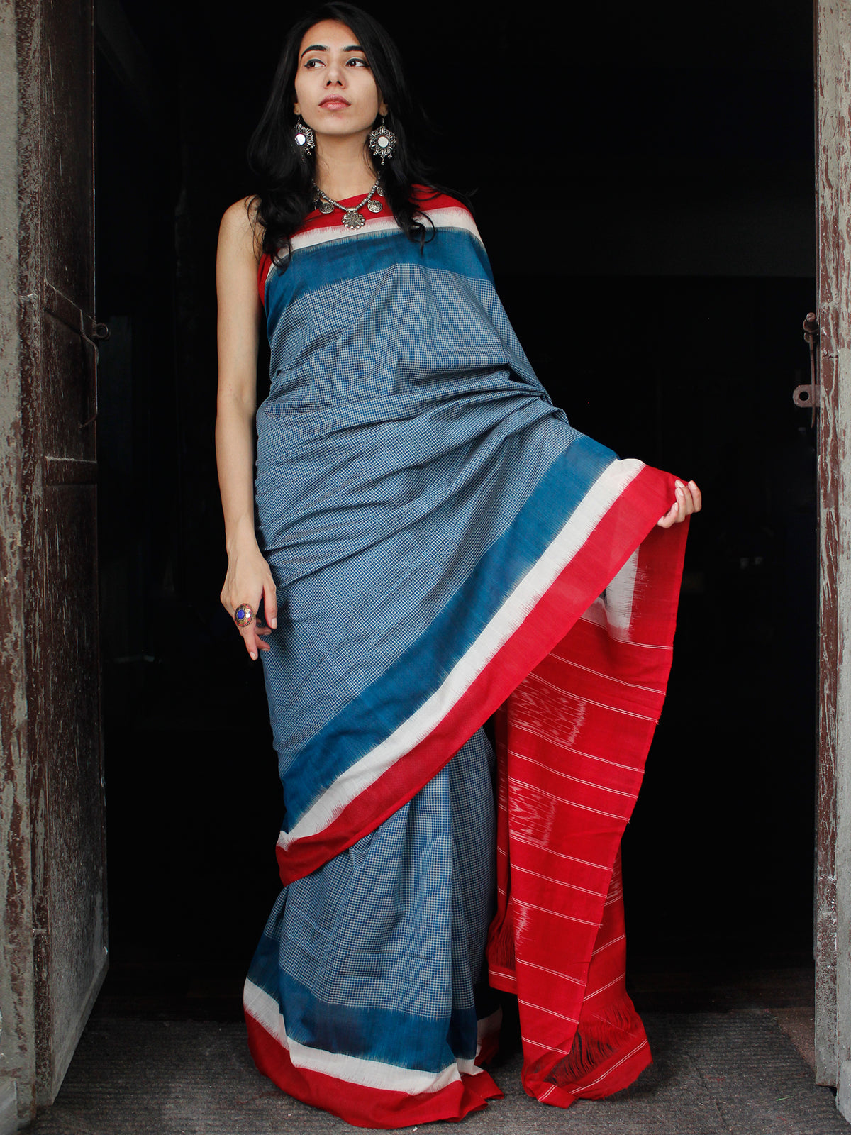Teal Blue White Red Double Ikat Handwoven Cotton Saree - S031703532