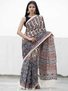 Off White Indigo Rust Ajrakh Hand Block Printed Modal Silk Saree in Natural Colors - S031703716