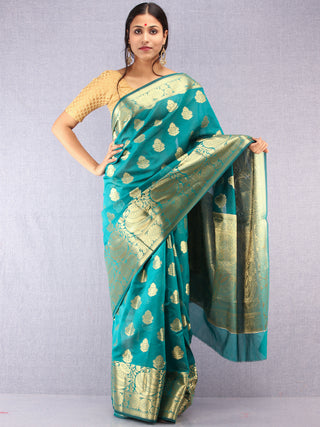 Banarasee Semi Silk Saree With Zari Work - Green &  Gold - S031704376
