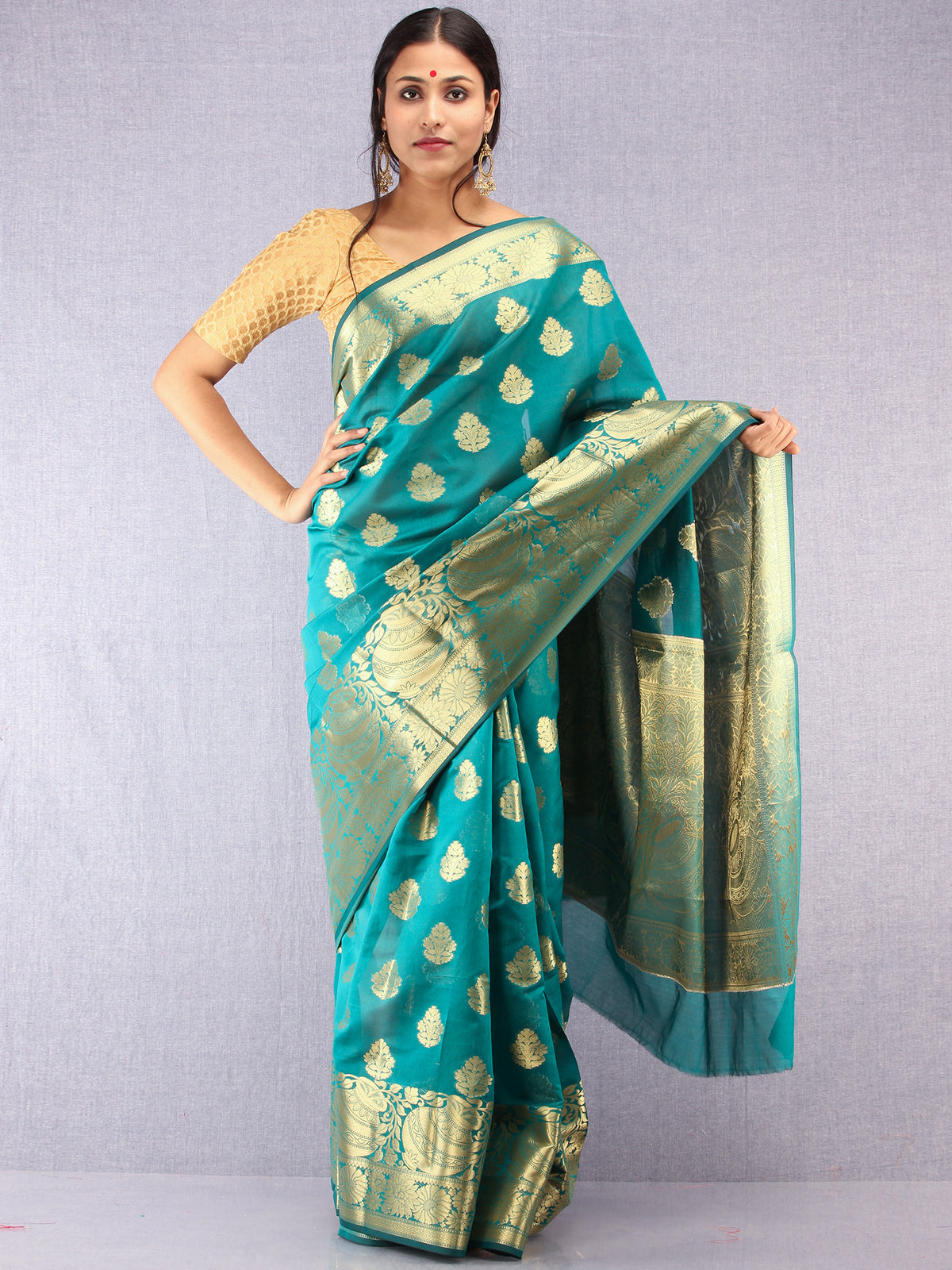 Banarasee Semi Silk Saree With Zari Work - Green &  Gold - S031704376