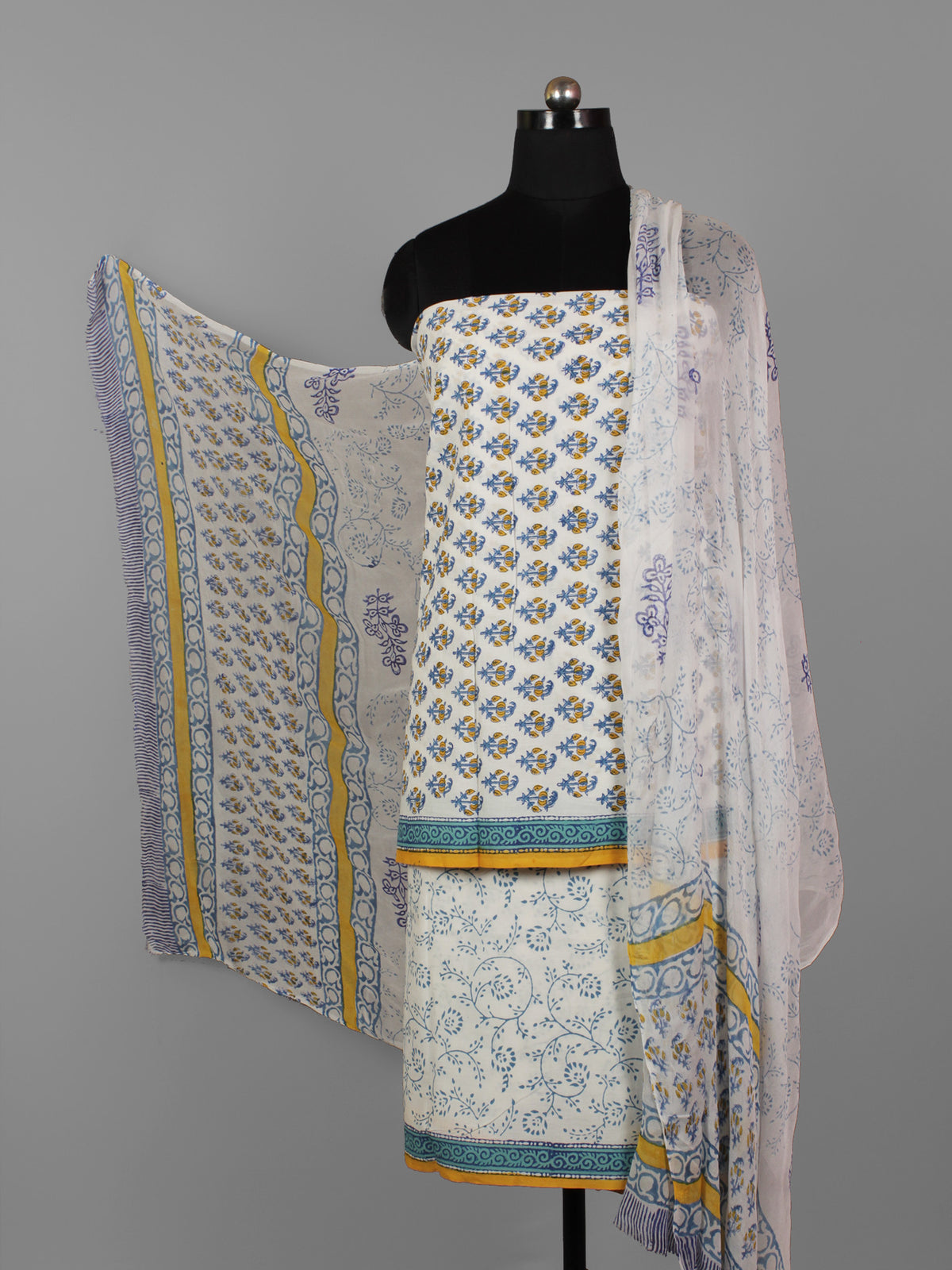 Ivory Blue Orange Hand Block Printed Cotton Suit-Salwar Fabric With Chiffon Dupatta (Set of 3) - S16281299