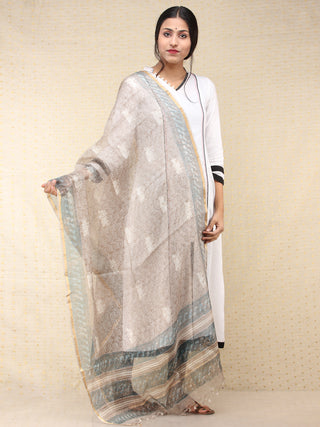 Kashish White Teal Blue Kota Silk Hand Block Printed Dupatta - D04170708