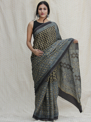 Black Indigo Olive Green Ajrakh Hand Block Printed Modal Silk Saree - S031704135