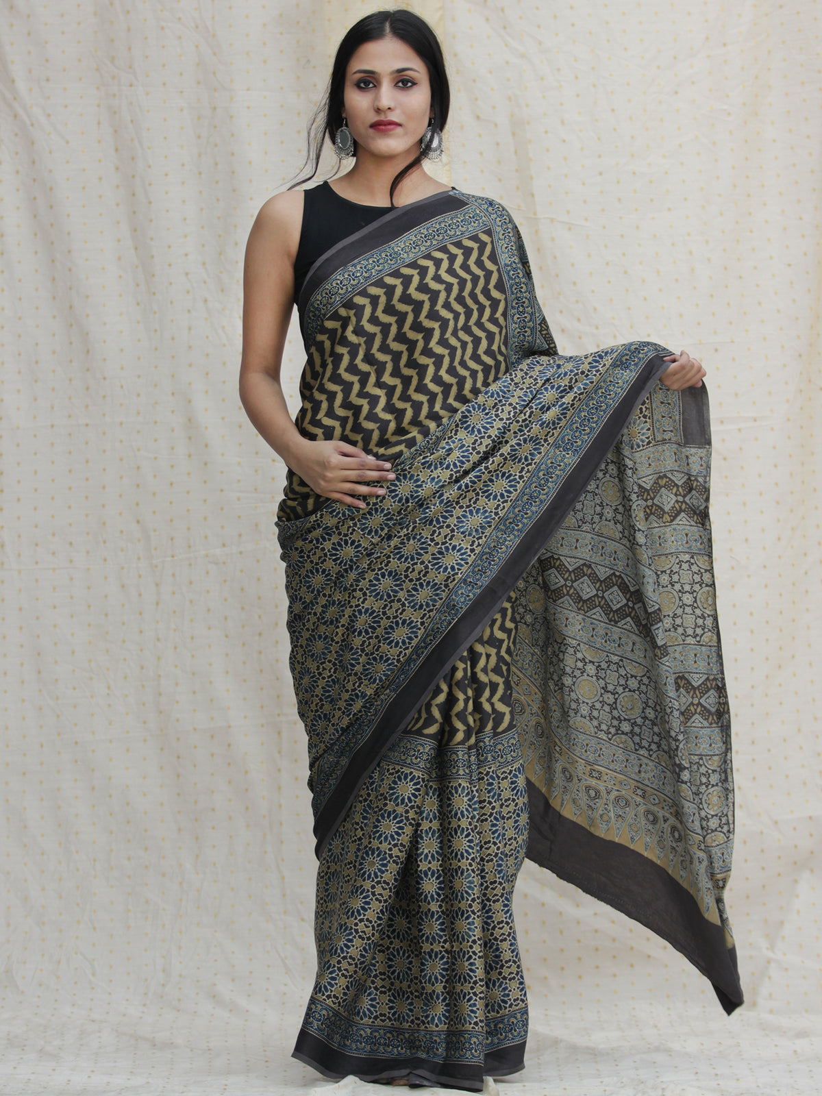 Black Indigo Olive Green Ajrakh Hand Block Printed Modal Silk Saree - S031704135