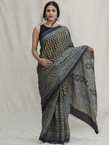 Black Indigo Olive Green Ajrakh Hand Block Printed Modal Silk Saree - S031704135