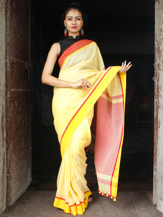 Yellow Red Linen Handloom Saree With Ganga Jamuna Border & Tassels - S031704019