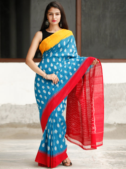 Sky Blue Yellow Red Ikat Handwoven Cotton Saree - S031704047