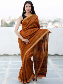 Deep Orange Rust Black Bagh Hand Block Printed Maheswari Silk Saree With Resham Border - S031703846