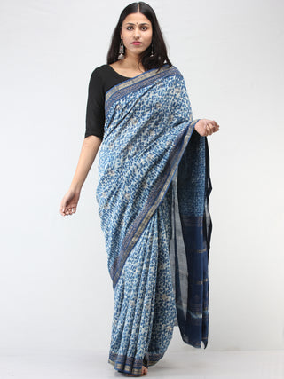 Indigo Ivory Maheshwari Silk Hand Block Printed Saree With Zari Border - S031704476